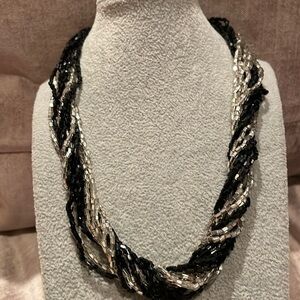Black & Silver Rectangular Beaded Twist Necklace 16”